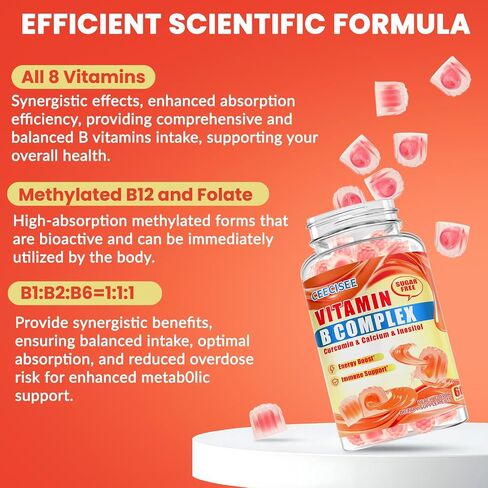 Natural Methylated Vitamins B Gummies: Chewable Supplement Complex with B1 B2 B3 B5 B6 B7 B9 B12 Zinc Magnesium Ashwagandha for Daily Energy Support - for Vegan Work Adults(120Count) in Saudi Arabia