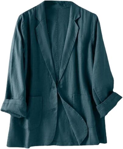 Women's Linen Blazer Jacket 2025 Lightweight Button Lapel Casual Long Sleeve Work Office Summer Jackets in Saudi Arabia