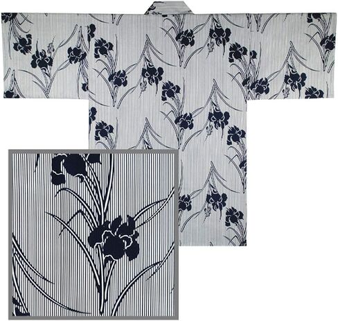 Japanese 34" L Cotton HAPPI Coat Kimono Robe IRIS Print Made in Japan Navy, White in Saudi Arabia