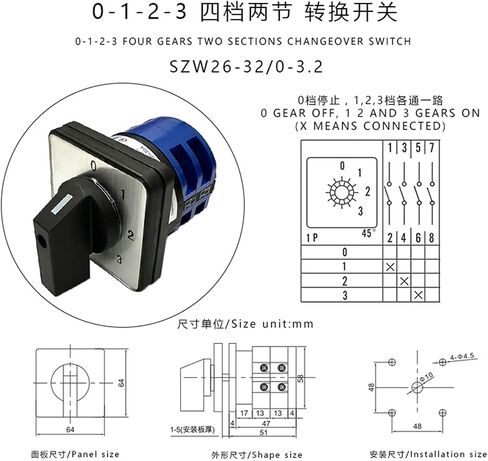 SZW26/LW26-32/0-3.2 32A 660V 4 Position 2 Phase 8 Screws Panel Universal Changeover Rotary Knob Cam Switch in Saudi Arabia