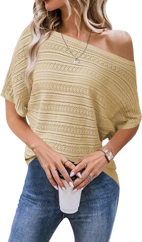 CAKULO WOMENS SUMMER CORCHET TOPS HOLLOW OUT من الكتف قصير الأكمام BATWING SPRING SWEATE TOP 2025 in Saudi Arabia