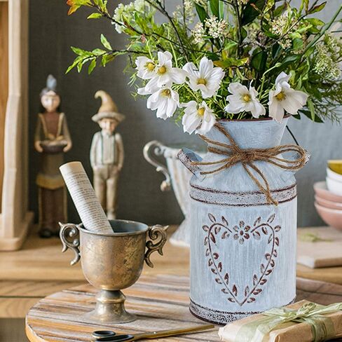 Galvanized Milk Can with Heart-Shaped and Rope Antique Retro Vase Metal Planter Rustic Vintage Primitive Flower Holder Farmhouse Country Plant for Office Home Decor, 7.6" H Can in Kuwait