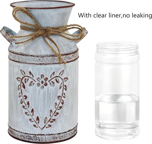Galvanized Milk Can with Heart-Shaped and Rope Antique Retro Vase Metal Planter Rustic Vintage Primitive Flower Holder Farmhouse Country Plant for Office Home Decor, 7.6" H Can in Kuwait