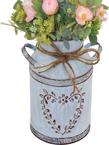 Galvanized Milk Can with Heart-Shaped and Rope Antique Retro Vase Metal Planter Rustic Vintage Primitive Flower Holder Farmhouse Country Plant for Office Home Decor, 7.6" H Can in Kuwait