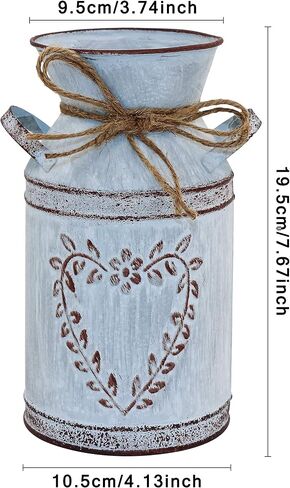 Galvanized Milk Can with Heart-Shaped and Rope Antique Retro Vase Metal Planter Rustic Vintage Primitive Flower Holder Farmhouse Country Plant for Office Home Decor, 7.6" H Can in Kuwait