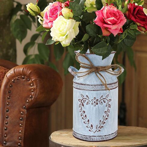 Galvanized Milk Can with Heart-Shaped and Rope Antique Retro Vase Metal Planter Rustic Vintage Primitive Flower Holder Farmhouse Country Plant for Office Home Decor, 7.6" H Can in Kuwait