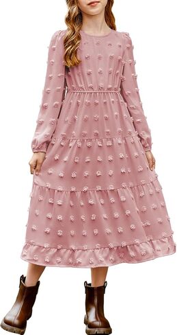 Blibean Tween Girls Fall Dresses Maxi Long Sleeve Polka Dot Outfits مع جيوب من 6 إلى 15 عامًا in Kuwait
