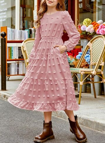 Blibean Tween Girls Fall Dresses Maxi Long Sleeve Polka Dot Outfits مع جيوب من 6 إلى 15 عامًا in Kuwait