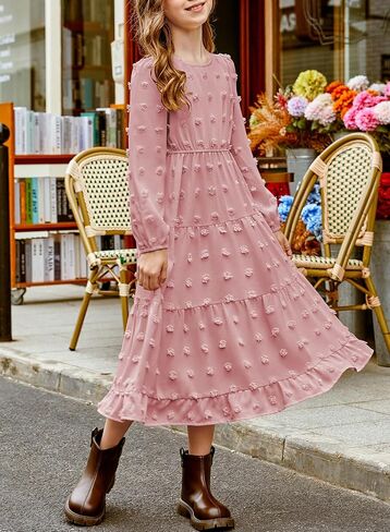 Blibean Tween Girls Fall Dresses Maxi Long Sleeve Polka Dot Outfits مع جيوب من 6 إلى 15 عامًا in Kuwait