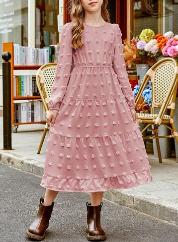 Blibean Tween Girls Fall Dresses Maxi Long Sleeve Polka Dot Outfits مع جيوب من 6 إلى 15 عامًا in Kuwait