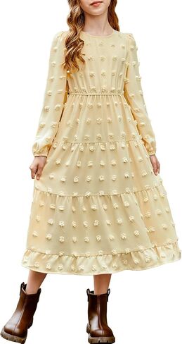 Blibean Tween Girls Fall Dresses Maxi Long Sleeve Polka Dot Outfits مع جيوب من 6 إلى 15 عامًا in Kuwait