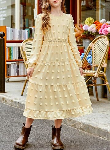 Blibean Tween Girls Fall Dresses Maxi Long Sleeve Polka Dot Outfits مع جيوب من 6 إلى 15 عامًا in Kuwait