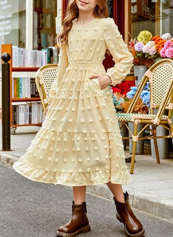 Blibean Tween Girls Fall Dresses Maxi Long Sleeve Polka Dot Outfits مع جيوب من 6 إلى 15 عامًا in Kuwait