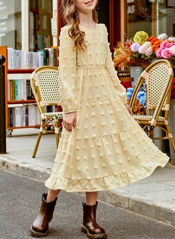 Blibean Tween Girls Fall Dresses Maxi Long Sleeve Polka Dot Outfits مع جيوب من 6 إلى 15 عامًا in Kuwait