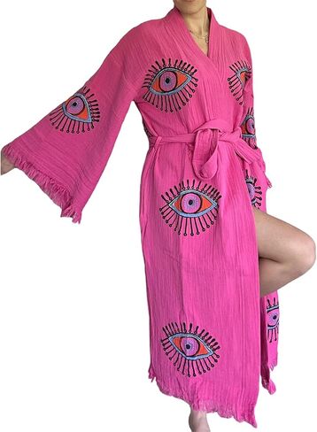 Pinus Evil Eye Kimono Robe Hand Painted, 100% Cotton, Robe, Loungewear, housecoat One Size Fits XS-L in Saudi Arabia