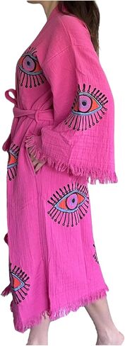 Pinus Evil Eye Kimono Robe Hand Painted, 100% Cotton, Robe, Loungewear, housecoat One Size Fits XS-L in Saudi Arabia