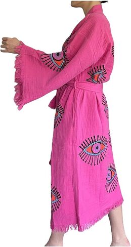 Pinus Evil Eye Kimono Robe Hand Painted, 100% Cotton, Robe, Loungewear, housecoat One Size Fits XS-L in Saudi Arabia