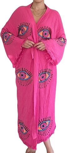 Pinus Evil Eye Kimono Robe Hand Painted, 100% Cotton, Robe, Loungewear, housecoat One Size Fits XS-L in Saudi Arabia