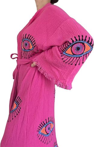 Pinus Evil Eye Kimono Robe Hand Painted, 100% Cotton, Robe, Loungewear, housecoat One Size Fits XS-L in Saudi Arabia