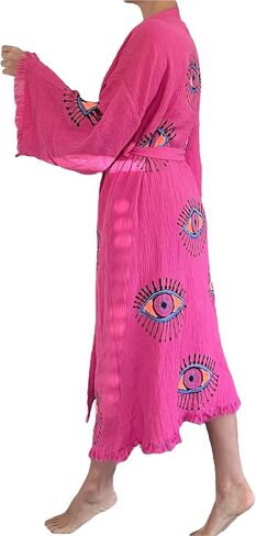 Pinus Evil Eye Kimono Robe Hand Painted, 100% Cotton, Robe, Loungewear, housecoat One Size Fits XS-L in Saudi Arabia