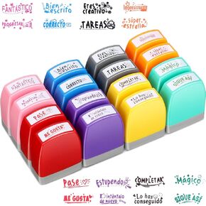Jetec 16 Pcs Spanish Teacher Stamps Self Inking Stamps for Teachers Teacher Gifts Motivation Grading Stamps for School Classroom Elementary Kid Signature Homework Reward Supplies (Rectangular)