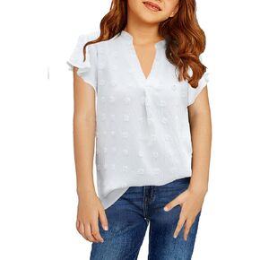 Girls Shirts Short Sleeve Chiffon Shirts Swiss Dot Blouses Top Teen Girls V-Neck Tunics Tee Size 9-14 Years