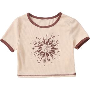 SweatyRocks Girl's Graphic Print Round Neck T Shirt Short Sleeve Slim Fitted Crop Tops