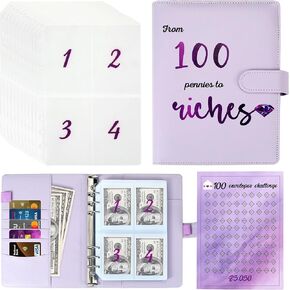 100 Envelope Money Savings Challenge Binder – From 100 Pennies to Riches – Elegant Vegan Leather Saving Books with cash envelopes – Budget binder for saving $5050 - Reusable Laminated Tracker Sheet-A5