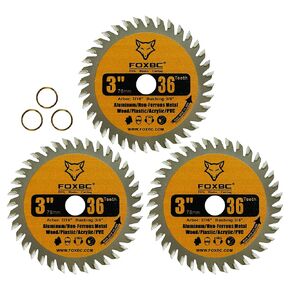 FOXBC 3 Inch Carbide Circular Saw Blade 36 Tooth for Wood, Plastic, PCV, Acrylic, Aluminum with 7/16" Arbor, 3/8" Bushing - 3 Pack