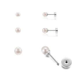 Dainty Flat Screw back Pearl Stud Earring Set for Multiple Piercing|3Pairs Pearl Earrings for Helix Tragus Cartilage Piercing for Women Girls|Secure Twist Back Sleep Earrings(4mm+5mm+6mm Pearl, Gold)