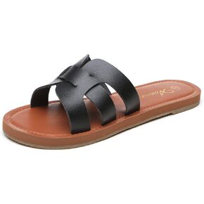 Athlefit Women's Flat Sandals Summer Casual Slip On Leather Slide Sandals Black Size 8