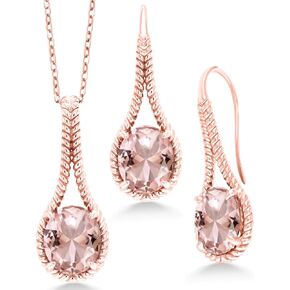 Gem Stone King 18K Rose Gold Plated Silver Peach Simulated Morganite Pendant Earrings Set For Women | 14.19 Cttw | Oval 12X10MM | With 18 Inch Chain