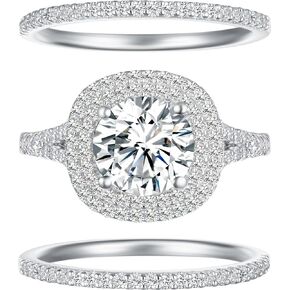 3-Pc Round Cubic Zirconia Center with Double Round Cut Halo Stones and Two Round Pave Cubic Zirconia Bands set in Rhodium Plated 925 Sterling Silver an elegant sparkling Bridal Set