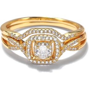 Frances Halo Bridal Set for Women by Ginger Lyne - Engagement Ring Matching Wedding Band - Gold Plated Simulated Diamond CZ Fashion Jewelry
