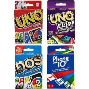 Mattel Family Card Game Variety Pack - 4 Card Game Bundle - Uno, Dos, Uno Flip, and Phase 10 - Ultimate Family Game Night Card Bundle