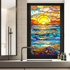 Sunrise Painted Frosted Static Cling Decorative Window Film,Non Adhesive Privacy Film,Stained Glass Window Film for Bathroom Shower Door Heat Anti UV 17.7"x39.5" (BL144)