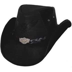 BULLHIDE Leather Collection Men's King of The Road Top Grain Leather Cowboy Hat with 3 3/8" Brim and Chin Cord