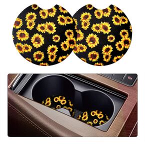 Car Coasters for Drinks, 2PCS Absorbent Sunflower Cup Holders for Women/Men, 2.75 Inch Removable Cup Holder Insert Coaster for Drinks, Car Interior Accessories for Most Cars