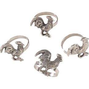 SARO LIFESTYLE NR252.SS Rooster Design Farmhouse Style Napkin Ring-Set of 4, Silver, 2.5" x 3.5"
