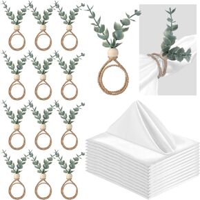 24 Pcs Eucalyptus Napkin Rings and Cloth Napkin, 12 Pcs Napkin Rings 12 Pcs Cloth Napkin Farmhouse Wood Bead Napkin Rings Rustic Leaf Napkin Ring for Wedding Easter Table Decor