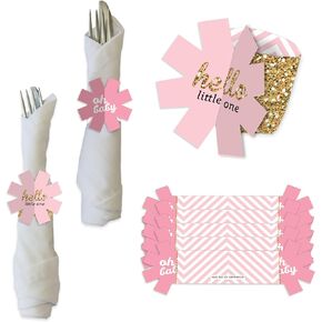 Big Dot of Happiness Hello Little One - Pink and Gold - Girl Baby Shower Paper Napkin Holder - Napkin Rings - Set of 24