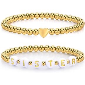 Trendy Gold Bracelets for Women : 2 Pcs 14k Gold Plated Stainless Steel Beaded Heart Mom/Daughter/Nana/ Mama/Sister Stacking Stretch Bracelets Jewelry Love Gifts for Mother's Day Graduation Birthday