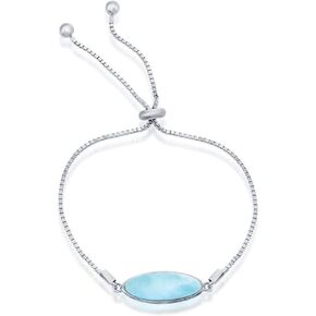 Oval-Shaped Natural Larimar Gemstone Adjustable Bolo Bracelet Sterling Silver Jewelry for Women or Teens