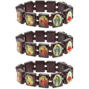 Unisex Wooden Panel Stretchable Bracelet with Assorted Images of Saints, Jesus, Rosary | Adjustable Bracelet | Ideal Catholic Jewelry Gift (Reddish Brown)
