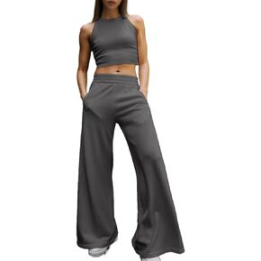 Glamaker Women's 2 Piece Lounge Sets Ribbed Sleeveless Crop Tank Top Wide Leg Pants Loungewear Tracksuit Set