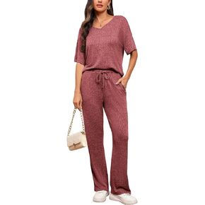 Women's Ribbed Knit Lounge Sets Two Piece Short Sleeve V Neck Sweater Matching Pajama Set Tops and Long Pants