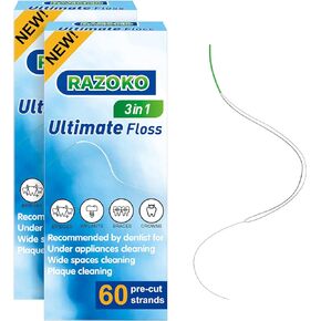RAZOKO Dental Floss for Braces, Ultimate Floss Pre-Cut Strands, Unwaxed 60 Count, Pack of 2