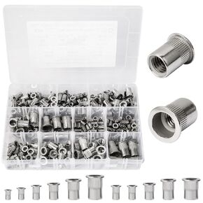 225PCS Rivet Nut Kit Rivnuts #8-32#10-24 1/4’’-20 5/16’’-18 3/8’’-16 M3 M4 M5 M6 M8 M10 Flat Head Threaded Insert Nutsert, 304 Stainless Steel Rivet Nuts Assortment Kit, Hardware Nuts
