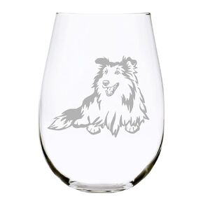 Sheltie (S2) themed, dog stemless wine glass, 17 oz.