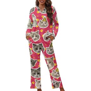 Two Piece Pajama Set Long Sleeve Loose Fit Collar Neck Novelty Pattern Mans Womens Loungerwear Set with Pocket